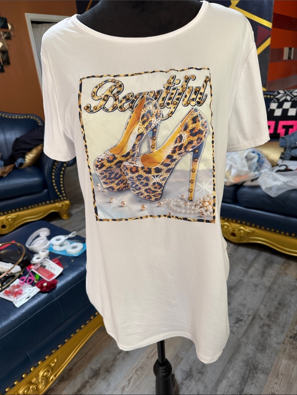 Women's 'Beautiful' Leopard High-Heel Graphic Tee - White